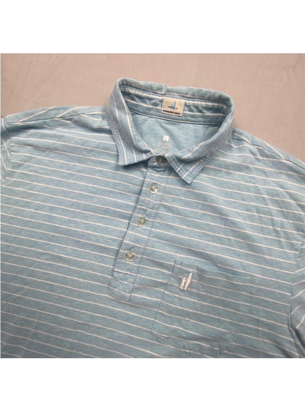Johnnie-O Hangin Out Mens Large Teal Blue Striped Polo Shirt Short Sleeve Pocket